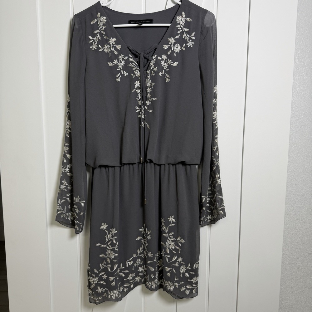 White House Black Market Blouson Dress 4 Gray Embroidered Boho Hippie Peasant